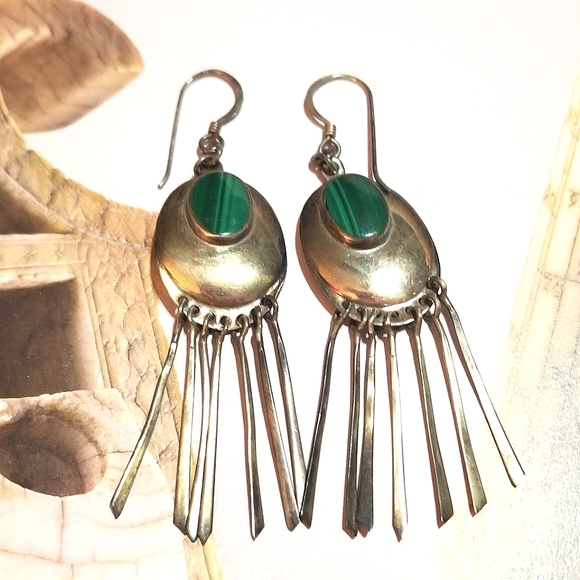 VTG Bohemian Malachite Sterling Silver Dangle Earrings - Picture 3 of 5